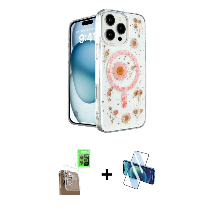 MARSİLYAN™- iPhone 16 Pro Max Kılıf Kozmos Doku - Siyah 3D Antistatik Cam Ekran Koruyucu + Raze Metal Kamera Lens - CLTM