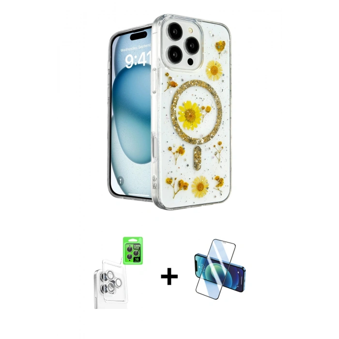 MARSİLYAN™- iPhone 16 Pro Max Kılıf Kozmos Doku - Siyah 3D Antistatik Cam Ekran Koruyucu + Raze Metal Kamera Lens - BZ