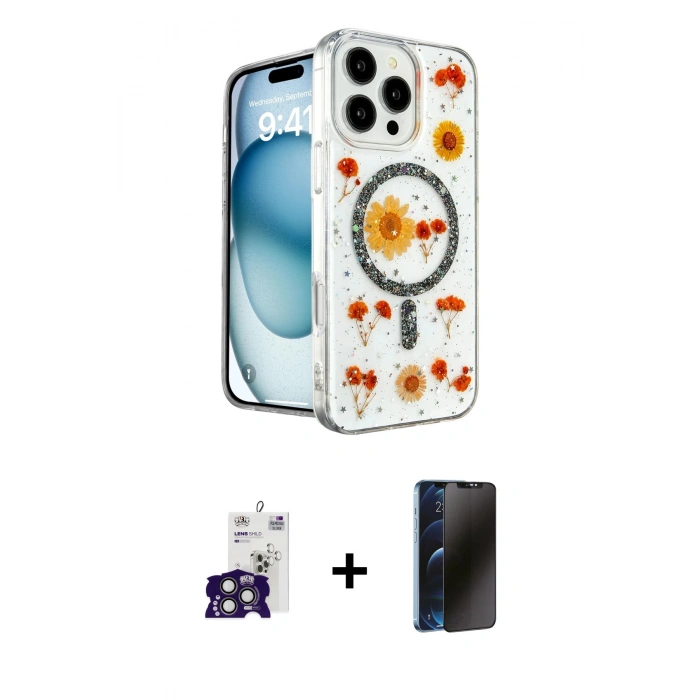 MARSİLYAN™- iPhone 16 Pro Max Kılıf Kozmos Doku - Siyah 3D Antistatik Hayalet Cam Ekran Koruyucu + Bilvis Titan Kamera Lens - TMGI