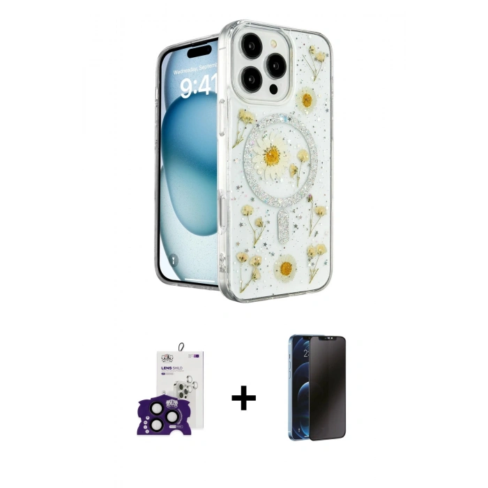 MARSİLYAN™- iPhone 16 Pro Max Kılıf Kozmos Doku - Siyah 3D Antistatik Hayalet Cam Ekran Koruyucu + Bilvis Titan Kamera Lens - SH