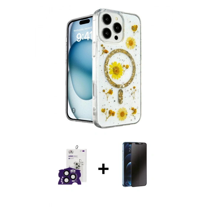 MARSİLYAN™- iPhone 16 Pro Max Kılıf Kozmos Doku - Siyah 3D Antistatik Hayalet Cam Ekran Koruyucu + Bilvis Titan Kamera Lens - SH