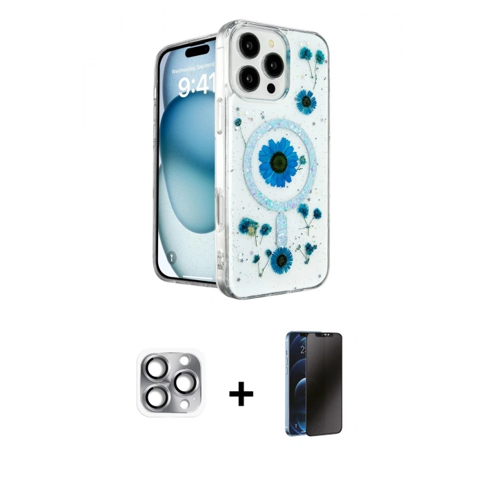 MARSİLYAN™- iPhone 16 Pro Max Kılıf Kozmos Doku - Siyah 3D Antistatik Hayalet Cam Ekran Koruyucu + Pers Alüminyum Kamera Lens - GI