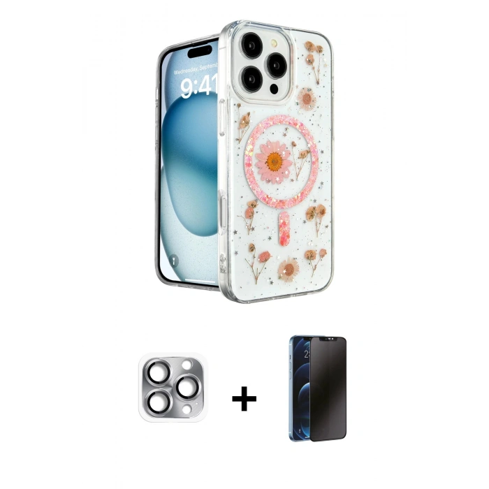 MARSİLYAN™- iPhone 16 Pro Max Kılıf Kozmos Doku - Siyah 3D Antistatik Hayalet Cam Ekran Koruyucu + Pers Alüminyum Kamera Lens - GI
