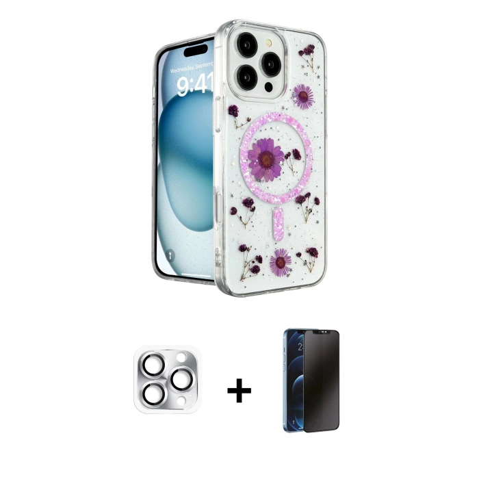 MARSİLYAN™- iPhone 16 Pro Max Kılıf Kozmos Doku - Siyah 3D Antistatik Hayalet Cam Ekran Koruyucu + Pers Alüminyum Kamera Lens - GS