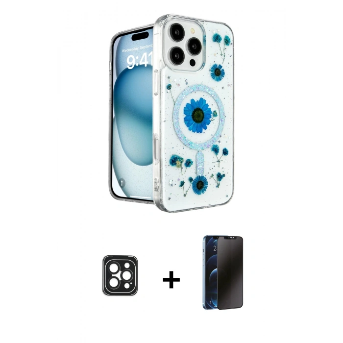 MARSİLYAN™- iPhone 16 Pro Max Kılıf Kozmos Doku - Siyah 3D Antistatik Hayalet Cam Ekran Koruyucu + PVD Metal Kamera Lens - SH