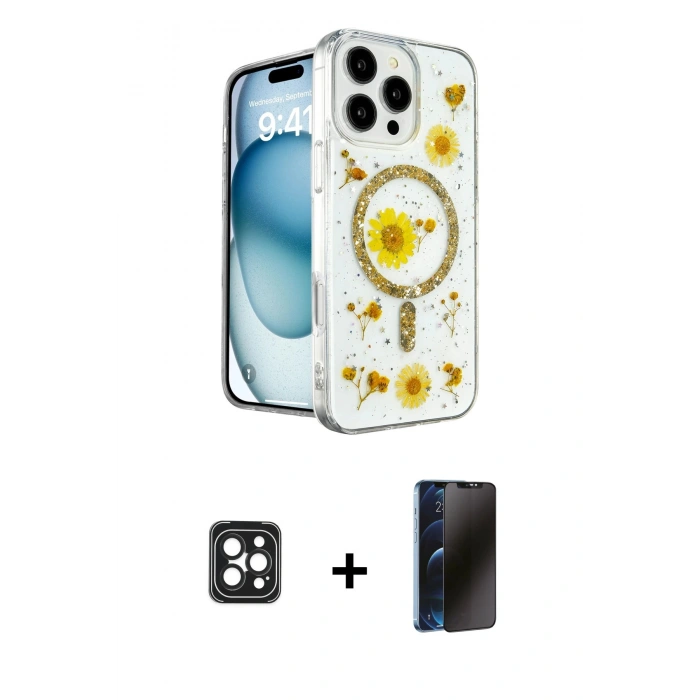 MARSİLYAN™- iPhone 16 Pro Max Kılıf Kozmos Doku - Siyah 3D Antistatik Hayalet Cam Ekran Koruyucu + PVD Metal Kamera Lens - SH