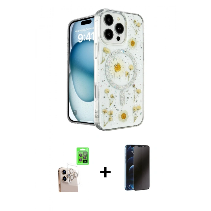 MARSİLYAN™- iPhone 16 Pro Max Kılıf Kozmos Doku - Siyah 3D Antistatik Hayalet Cam Ekran Koruyucu + Raze Metal Kamera Lens - NLGY