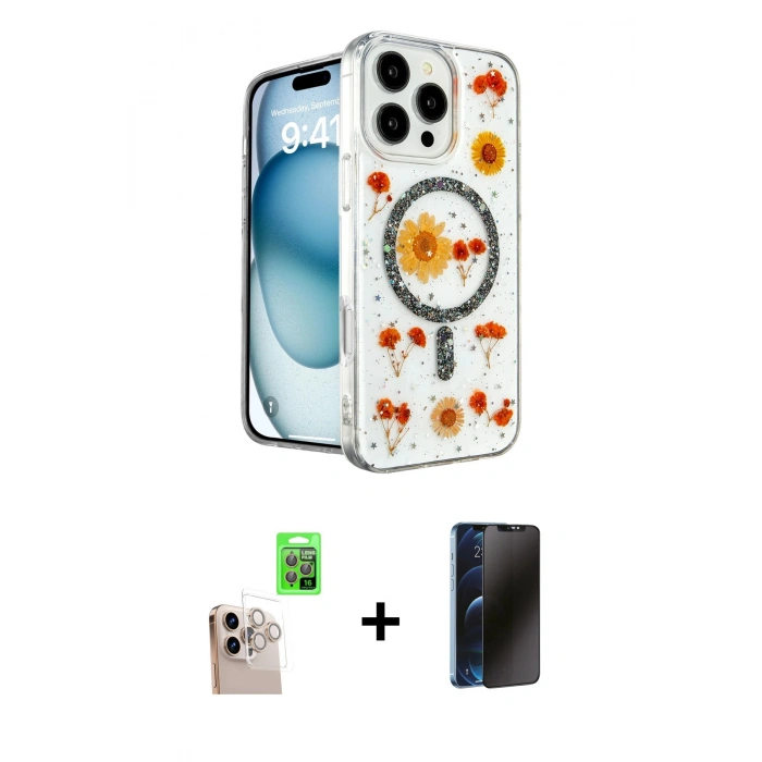 MARSİLYAN™- iPhone 16 Pro Max Kılıf Kozmos Doku - Siyah 3D Antistatik Hayalet Cam Ekran Koruyucu + Raze Metal Kamera Lens - NLGY