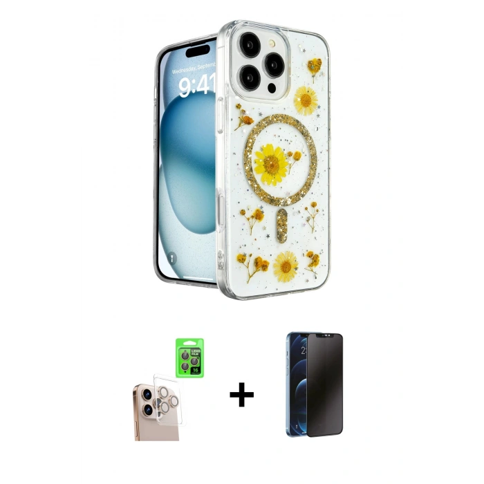 MARSİLYAN™- iPhone 16 Pro Max Kılıf Kozmos Doku - Siyah 3D Antistatik Hayalet Cam Ekran Koruyucu + Raze Metal Kamera Lens - NLGY