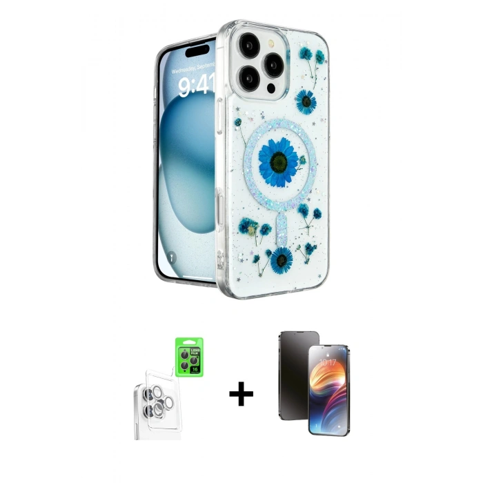 MARSİLYAN™- iPhone 16 Pro Max Kılıf Kozmos Doku - Siyah 3D Antistatik Mat Seramik Nano Ekran Koruyucu + Raze Metal Kamera Lens - BZ