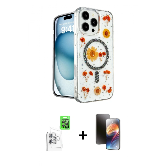 MARSİLYAN™- iPhone 16 Pro Max Kılıf Kozmos Doku - Siyah 3D Antistatik Mat Seramik Nano Ekran Koruyucu + Raze Metal Kamera Lens - BZ