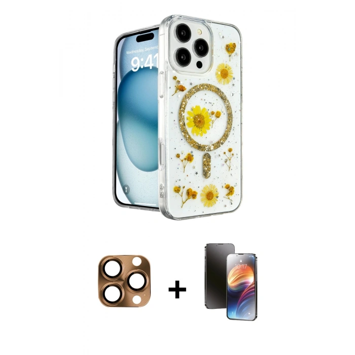 MARSİLYAN™- iPhone 16 Pro Max Kılıf Kozmos Doku - Siyah 3D Antistatik Mat Seramik Nano Ekran Koruyucu + Pers Alüminyum Kamera Lens - CLTM