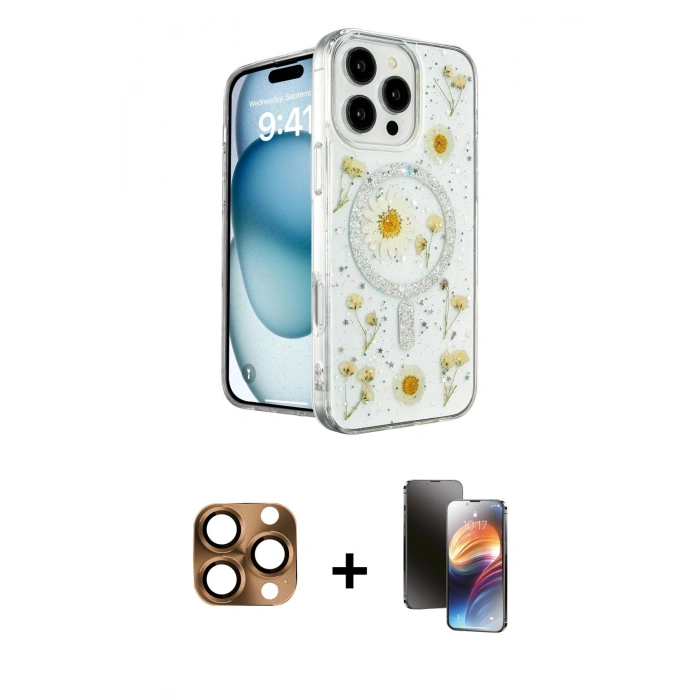 MARSİLYAN™- iPhone 16 Pro Max Kılıf Kozmos Doku - Siyah 3D Antistatik Mat Seramik Nano Ekran Koruyucu + Pers Alüminyum Kamera Lens - CLTM