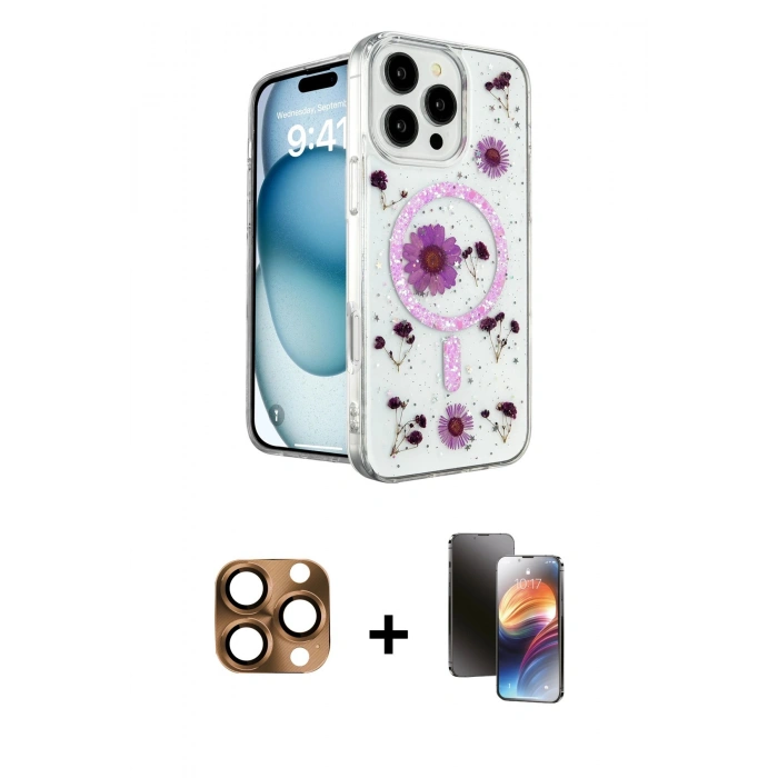 MARSİLYAN™- iPhone 16 Pro Max Kılıf Kozmos Doku - Siyah 3D Antistatik Mat Seramik Nano Ekran Koruyucu + Pers Alüminyum Kamera Lens - CLTM
