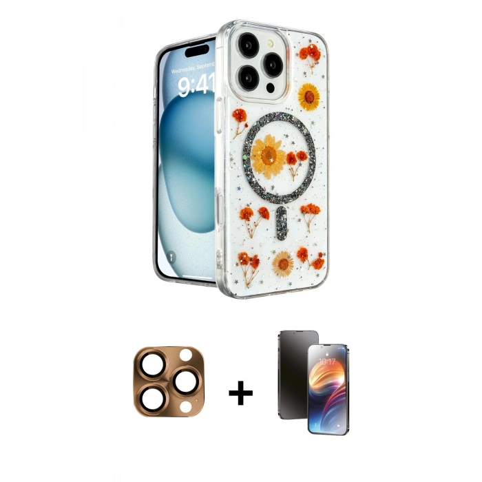 MARSİLYAN™- iPhone 16 Pro Max Kılıf Kozmos Doku - Siyah 3D Antistatik Mat Seramik Nano Ekran Koruyucu + Pers Alüminyum Kamera Lens - CLTM