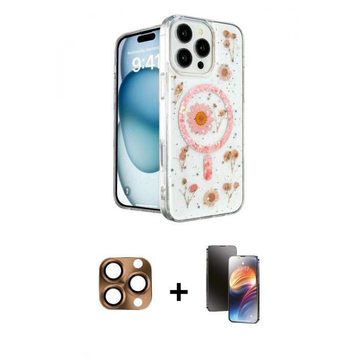 MARSİLYAN™- iPhone 16 Pro Max Kılıf Kozmos Doku - Siyah 3D Antistatik Mat Seramik Nano Ekran Koruyucu + Pers Alüminyum Kamera Lens - CLTM