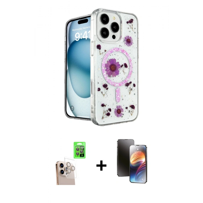 MARSİLYAN™- iPhone 16 Pro Max Kılıf Kozmos Doku - Siyah 3D Antistatik Mat Seramik Nano Ekran Koruyucu + Raze Metal Kamera Lens - NLGY