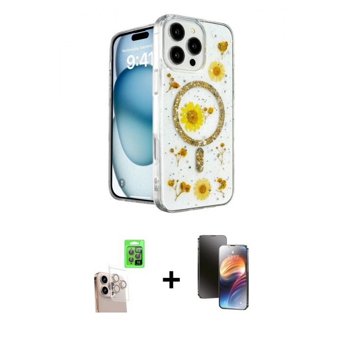 MARSİLYAN™- iPhone 16 Pro Max Kılıf Kozmos Doku - Siyah 3D Antistatik Mat Seramik Nano Ekran Koruyucu + Raze Metal Kamera Lens - NLGY