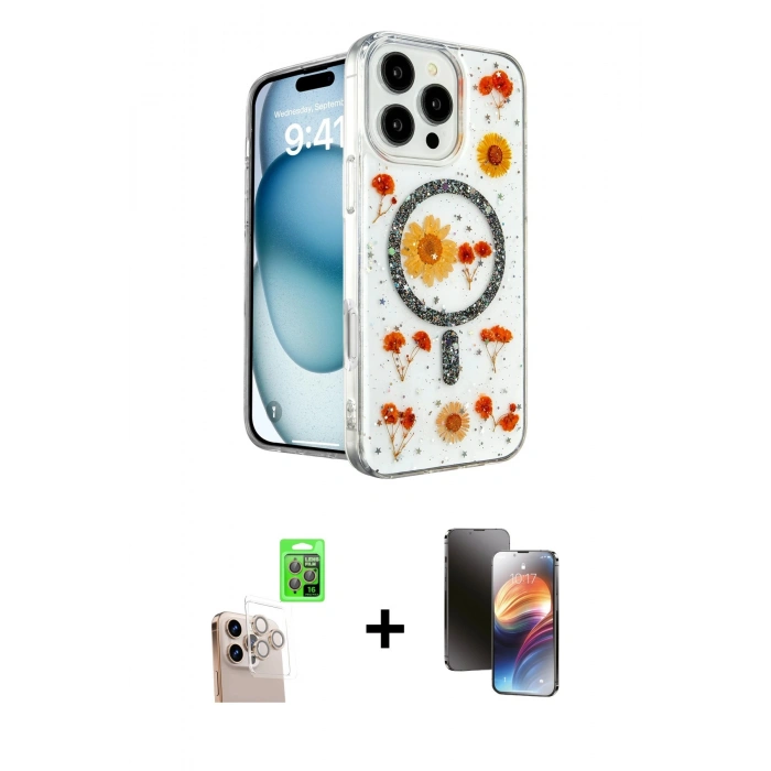 MARSİLYAN™- iPhone 16 Pro Max Kılıf Kozmos Doku - Siyah 3D Antistatik Mat Seramik Nano Ekran Koruyucu + Raze Metal Kamera Lens - NLGY
