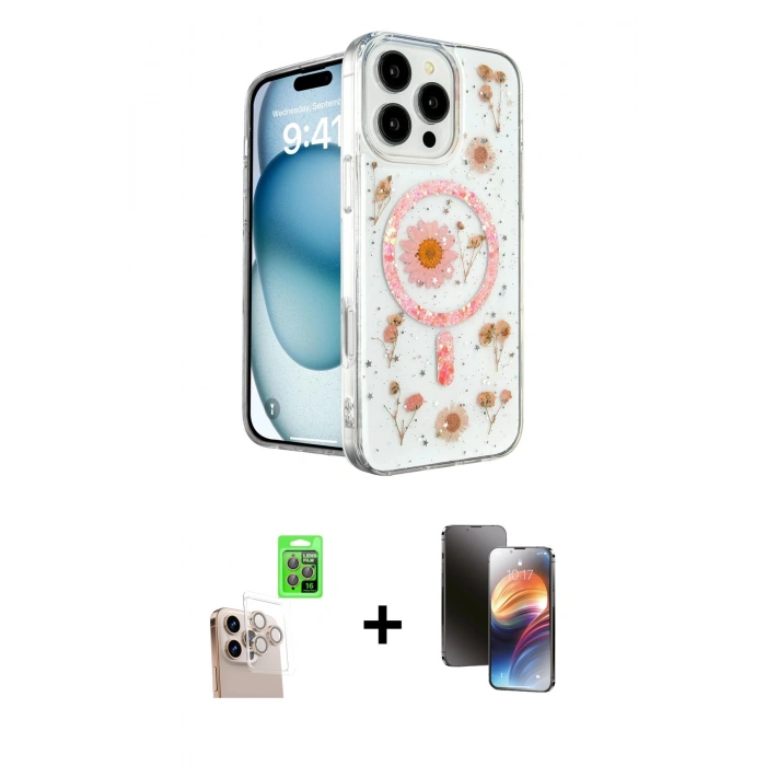 MARSİLYAN™- iPhone 16 Pro Max Kılıf Kozmos Doku - Siyah 3D Antistatik Mat Seramik Nano Ekran Koruyucu + Raze Metal Kamera Lens - NLGY