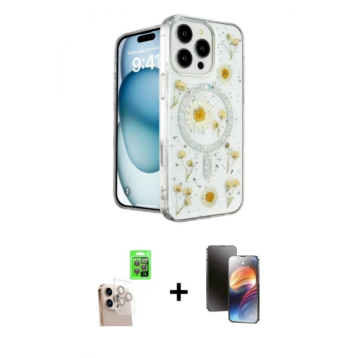 MARSİLYAN™- iPhone 16 Pro Max Kılıf Kozmos Doku - Siyah 3D Antistatik Mat Seramik Nano Ekran Koruyucu + Raze Metal Kamera Lens - NLGY