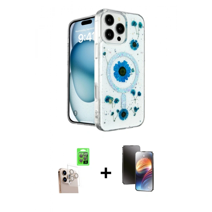 MARSİLYAN™- iPhone 16 Pro Max Kılıf Kozmos Doku - Siyah 3D Antistatik Mat Seramik Nano Ekran Koruyucu + Raze Metal Kamera Lens - NLGY
