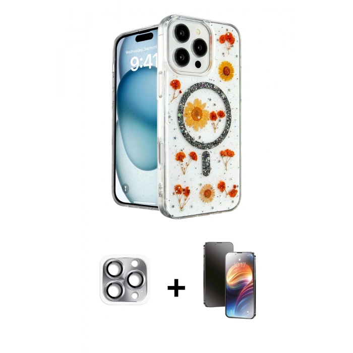 MARSİLYAN™- iPhone 16 Pro Max Kılıf Kozmos Doku - Siyah 3D Antistatik Mat Seramik Nano Ekran Koruyucu + Pers Alüminyum Kamera Lens - GI