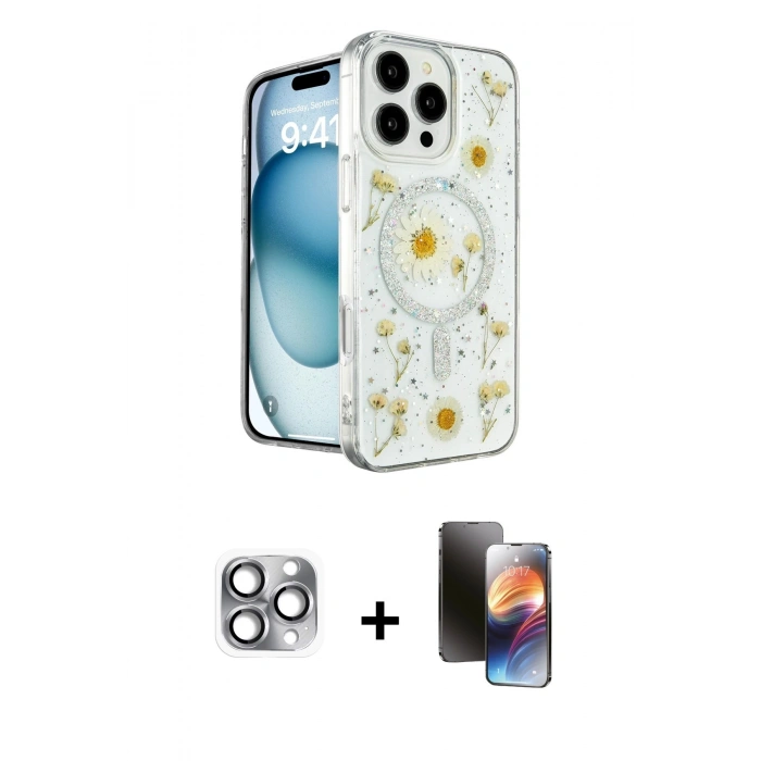MARSİLYAN™- iPhone 16 Pro Max Kılıf Kozmos Doku - Siyah 3D Antistatik Mat Seramik Nano Ekran Koruyucu + Pers Alüminyum Kamera Lens - GI