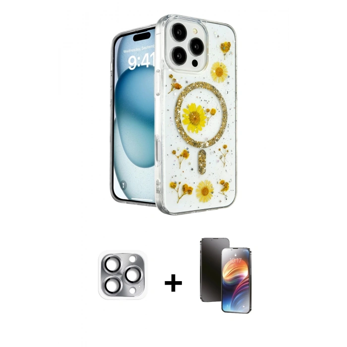 MARSİLYAN™- iPhone 16 Pro Max Kılıf Kozmos Doku - Siyah 3D Antistatik Mat Seramik Nano Ekran Koruyucu + Pers Alüminyum Kamera Lens - GI