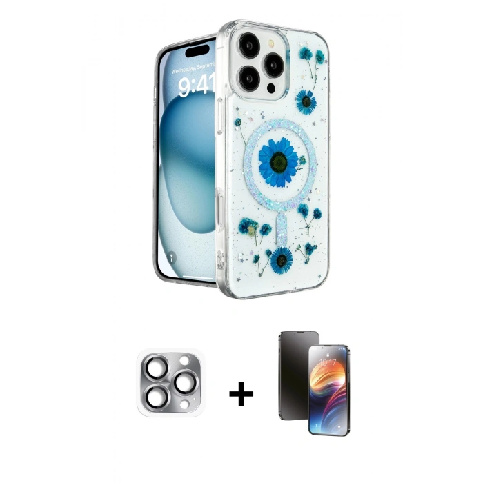 MARSİLYAN™- iPhone 16 Pro Max Kılıf Kozmos Doku - Siyah 3D Antistatik Mat Seramik Nano Ekran Koruyucu + Pers Alüminyum Kamera Lens - GI