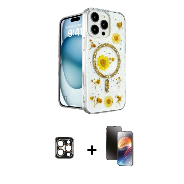 MARSİLYAN™- iPhone 16 Pro Max Kılıf Kozmos Doku - Siyah 3D Antistatik Mat Seramik Nano Ekran Koruyucu + PVD Metal Kamera Lens - GD