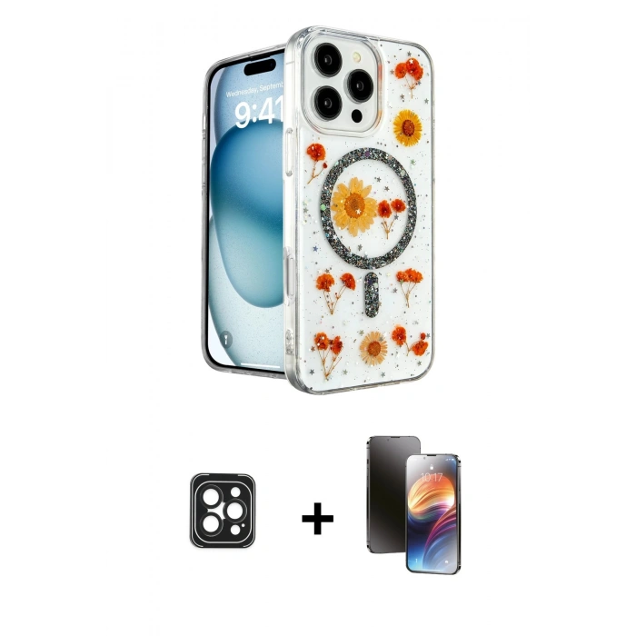 MARSİLYAN™- iPhone 16 Pro Max Kılıf Kozmos Doku - Siyah 3D Antistatik Mat Seramik Nano Ekran Koruyucu + PVD Metal Kamera Lens - SH