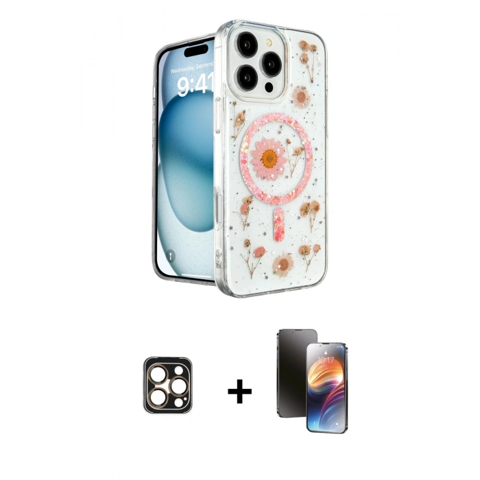 MARSİLYAN™- iPhone 16 Pro Max Kılıf Kozmos Doku - Siyah 3D Antistatik Mat Seramik Nano Ekran Koruyucu + PVD Metal Kamera Lens - GD