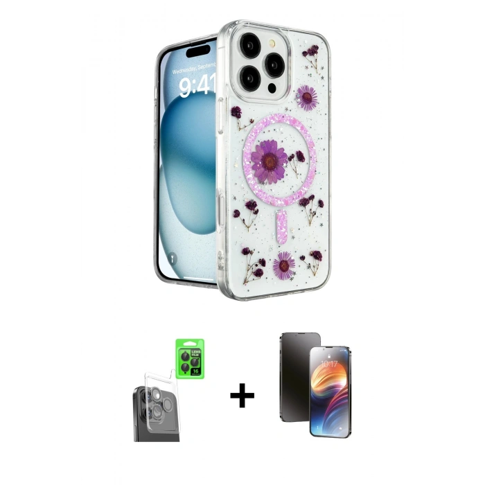 MARSİLYAN™- iPhone 16 Pro Max Kılıf Kozmos Doku - Siyah 3D Antistatik Mat Seramik Nano Ekran Koruyucu + Raze Metal Kamera Lens - SH