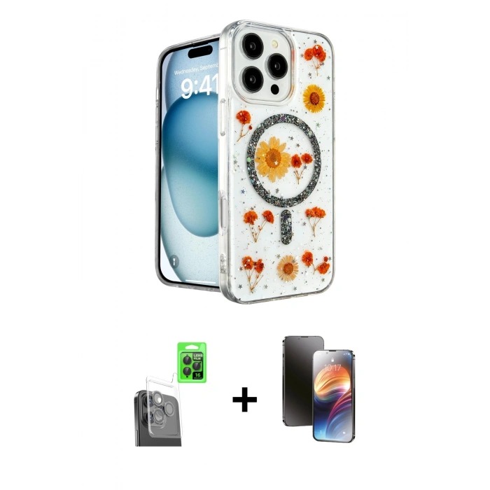 MARSİLYAN™- iPhone 16 Pro Max Kılıf Kozmos Doku - Siyah 3D Antistatik Mat Seramik Nano Ekran Koruyucu + Raze Metal Kamera Lens - SH