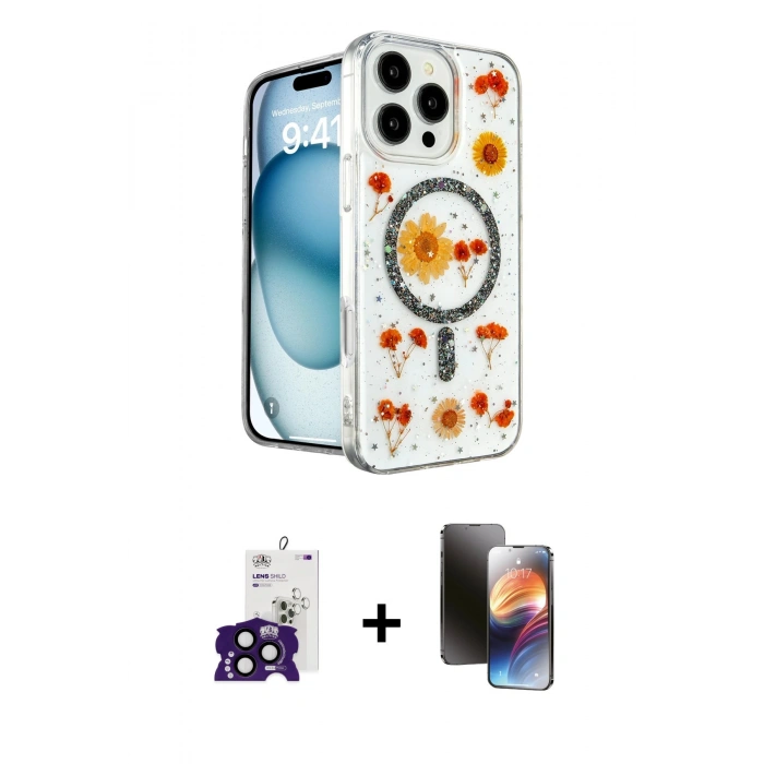 MARSİLYAN™- iPhone 16 Pro Max Kılıf Kozmos Doku - Siyah 3D Antistatik Mat Seramik Nano Ekran Koruyucu + Bilvis Titan Kamera Lens - SH