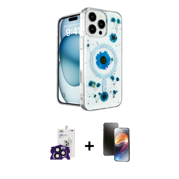 MARSİLYAN™- iPhone 16 Pro Max Kılıf Kozmos Doku - Siyah 3D Antistatik Mat Seramik Nano Ekran Koruyucu + Bilvis Titan Kamera Lens - SH