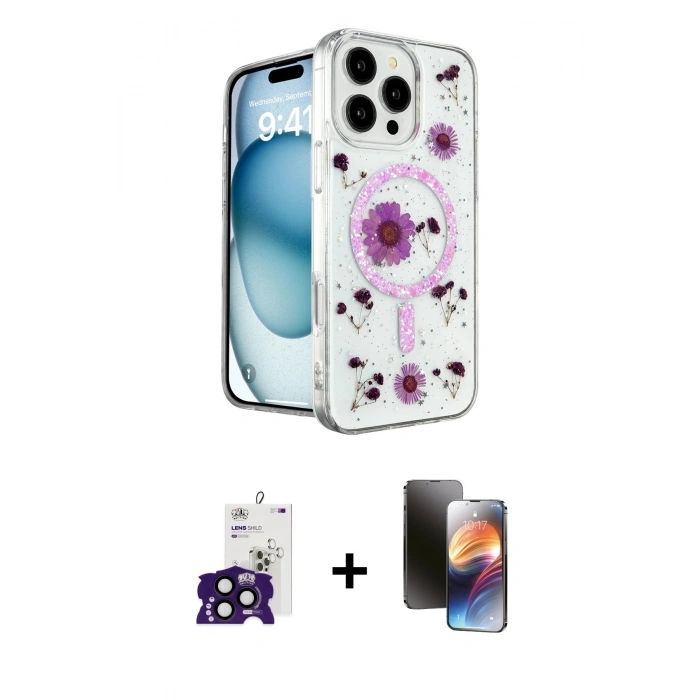 MARSİLYAN™- iPhone 16 Pro Max Kılıf Kozmos Doku - Siyah 3D Antistatik Mat Seramik Nano Ekran Koruyucu + Bilvis Titan Kamera Lens - SH