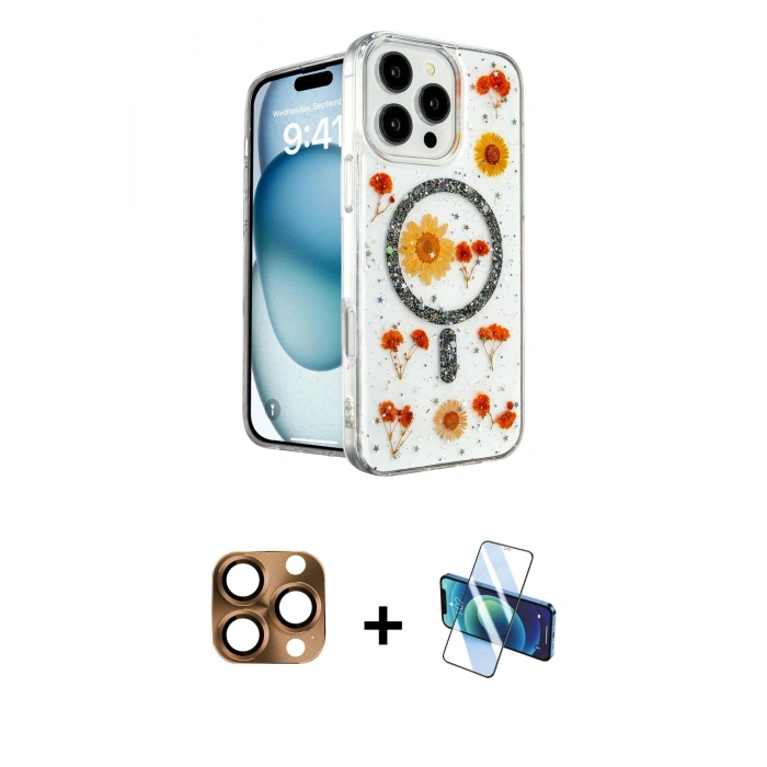 MARSİLYAN™- iPhone 16 Pro Max Kılıf Kozmos Doku - Siyah 3D Antistatik Seramik Nano Ekran Koruyucu + Pers Alüminyum Kamera Lens - CLTM