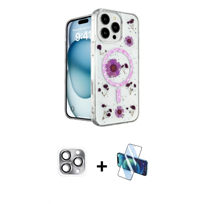 MARSİLYAN™- iPhone 16 Pro Max Kılıf Kozmos Doku - Siyah 3D Antistatik Seramik Nano Ekran Koruyucu + Gri Pers Alüminyum Kamera Lens