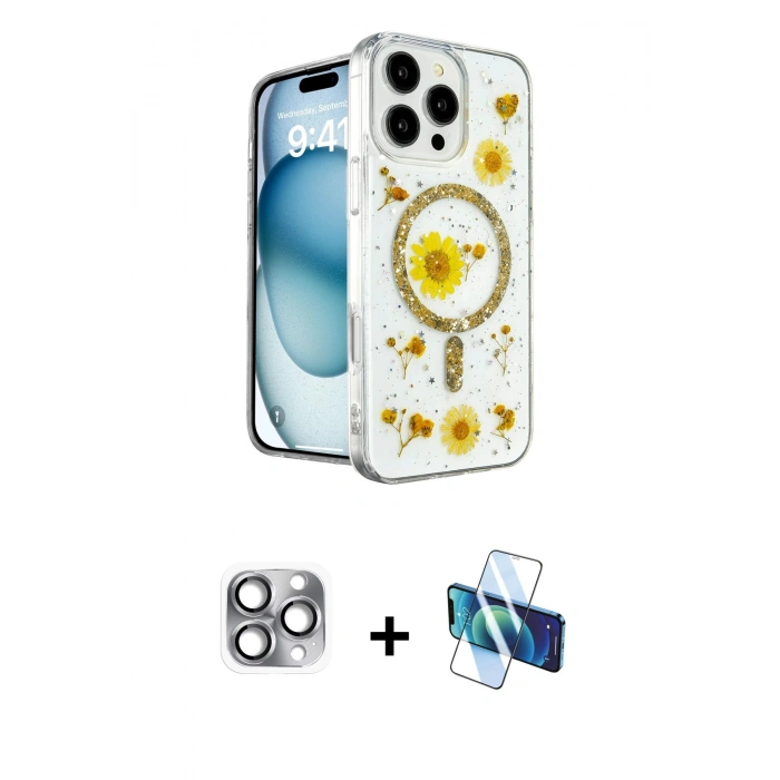 MARSİLYAN™- iPhone 16 Pro Max Kılıf Kozmos Doku - Siyah 3D Antistatik Seramik Nano Ekran Koruyucu + Gri Pers Alüminyum Kamera Lens