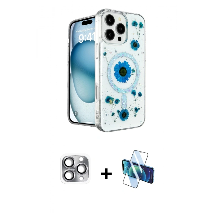 MARSİLYAN™- iPhone 16 Pro Max Kılıf Kozmos Doku - Siyah 3D Antistatik Seramik Nano Ekran Koruyucu + Gri Pers Alüminyum Kamera Lens