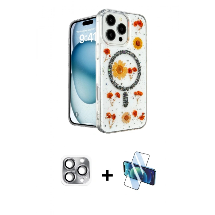 MARSİLYAN™- iPhone 16 Pro Max Kılıf Kozmos Doku - Siyah 3D Antistatik Seramik Nano Ekran Koruyucu + Gri Pers Alüminyum Kamera Lens