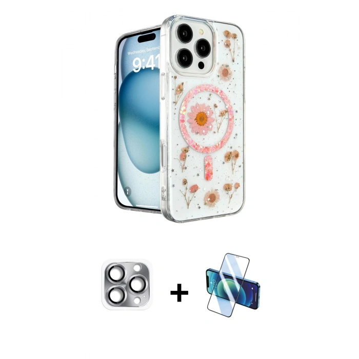 MARSİLYAN™- iPhone 16 Pro Max Kılıf Kozmos Doku - Siyah 3D Antistatik Seramik Nano Ekran Koruyucu + Gri Pers Alüminyum Kamera Lens