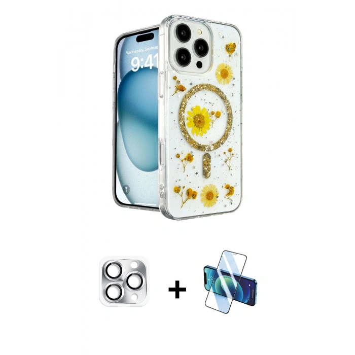 MARSİLYAN™- iPhone 16 Pro Max Kılıf Kozmos Doku - Siyah 3D Antistatik Seramik Nano Ekran Koruyucu + Pers Alüminyum Kamera Lens - GS