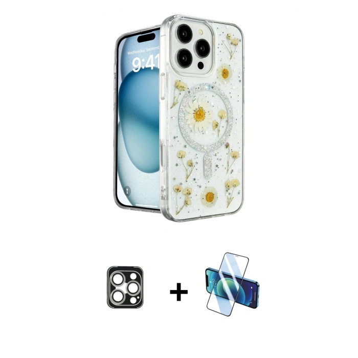 MARSİLYAN™- iPhone 16 Pro Max Kılıf Kozmos Doku - Siyah 3D Antistatik Seramik Nano Ekran Koruyucu + PVD Metal Kamera Lens - GS