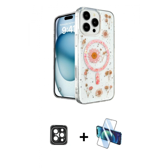 MARSİLYAN™- iPhone 16 Pro Max Kılıf Kozmos Doku - Siyah 3D Antistatik Seramik Nano Ekran Koruyucu + PVD Metal Kamera Lens - SH
