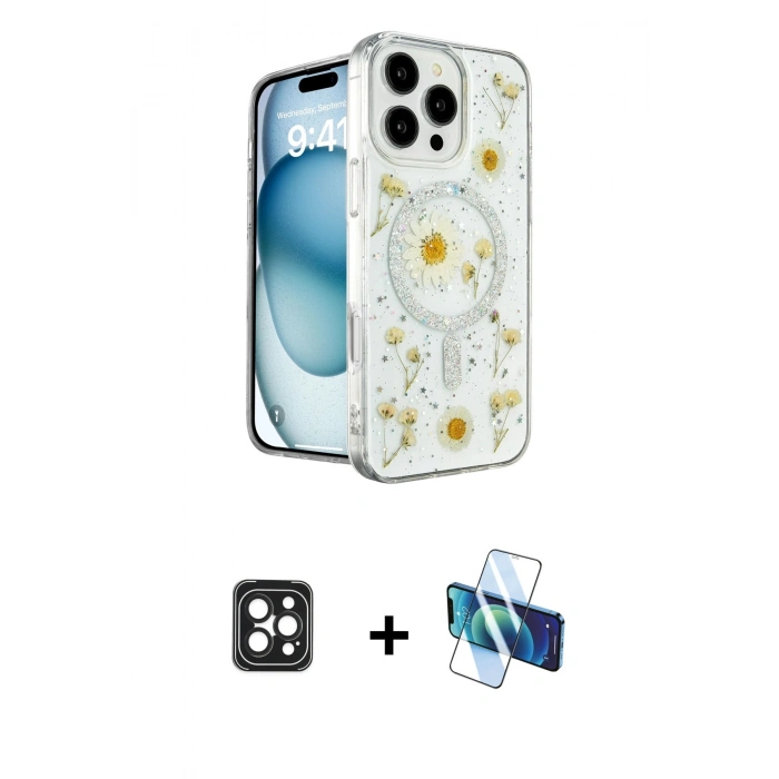 MARSİLYAN™- iPhone 16 Pro Max Kılıf Kozmos Doku - Siyah 3D Antistatik Seramik Nano Ekran Koruyucu + PVD Metal Kamera Lens - SH