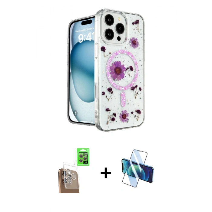 MARSİLYAN™- iPhone 16 Pro Max Kılıf Kozmos Doku - Siyah 3D Antistatik Seramik Nano Ekran Koruyucu + Raze Metal Kamera Lens - CLTM