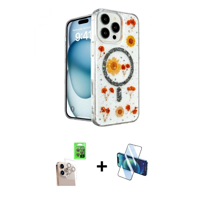 MARSİLYAN™- iPhone 16 Pro Max Kılıf Kozmos Doku - Siyah 3D Antistatik Seramik Nano Ekran Koruyucu + Raze Metal Kamera Lens - NLGY